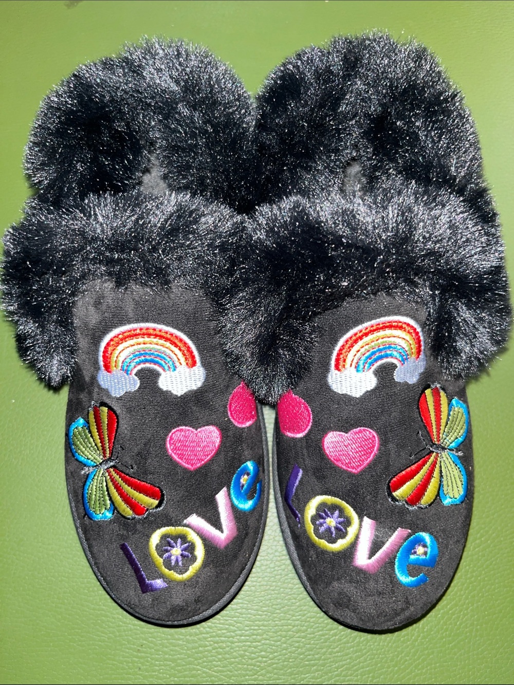 Black Fuzzy Slip-On Ankle Booties with Colorful Embroidery